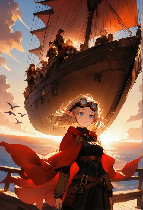 "A detailed anime-style scene featuring a heroic female protagonist with long, flowing blonde hair, blowing dramatically in the wind. She has pointed elf-like ears and wears a steampunk-inspired adventurers outfit with intricate leather armor, a red cloak ...