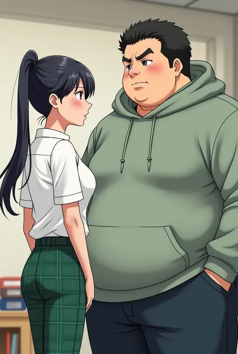 Anime Girl in Green Plaid Pants and White button up shirt getting annoyed at a Fat Boy with a big buty in a hoodie  