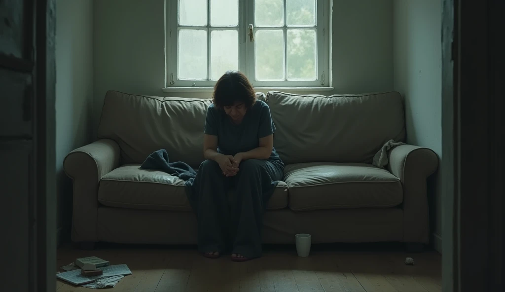 Middle-aged woman with her head down/sad sitting on the couch in a small apartment