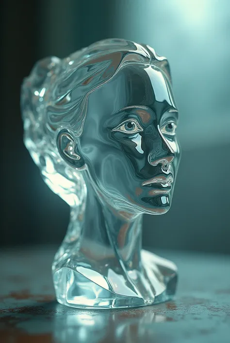 analog photo, glass figurine of female, faceted, transparent, detail face, atmospheric, light refraction, ray tracing