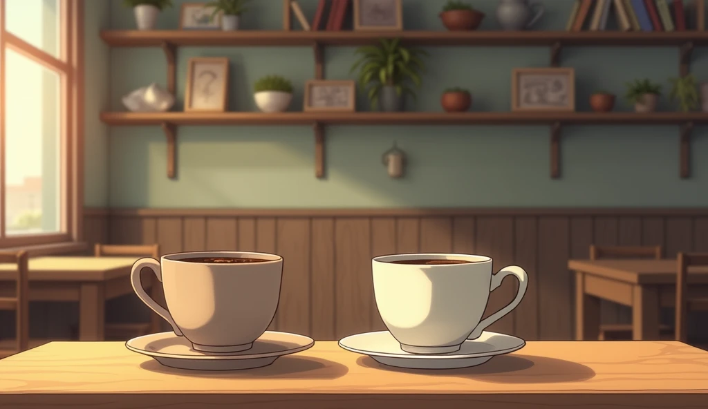 An 90s Anime Style picture of two empty coffee cups kept on a table of a cafe