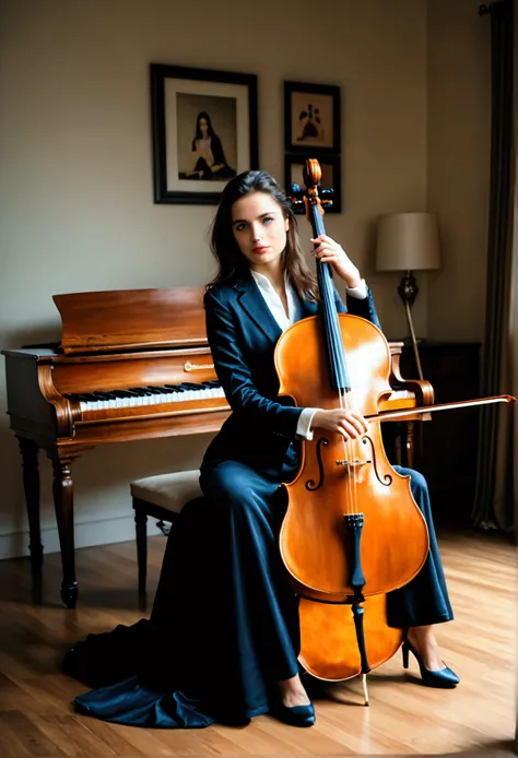 a young woman playing cello wearing a miniskirt, highly detailed portrait, full body portrait, beautiful detailed eyes, beautiful detailed lips, extremely detailed face and features, long eyelashes, graceful pose, elegant fingers, detailed cello, (best qua...