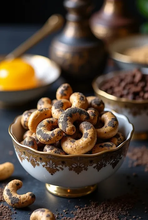 Product shot of light beige cashews in an ornate Queen Victoria Sugar Bone China bowl. Cashews are thickly encrusted with a mix of fine black sand and coarse ground pepper, covering 75-80% of their surfaces. The dark coating creates a striking leopard-spot...