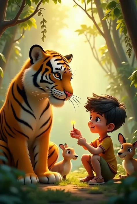 In cinematic 3d cartoon style"An enchanting jungle scene featuring a large, majestic tiger with soft, golden fur, sitting calmly as a brave young boy carefully removes a thorn from its paw. The boy, small and gentle, shows courage and kindness. The tigers ...