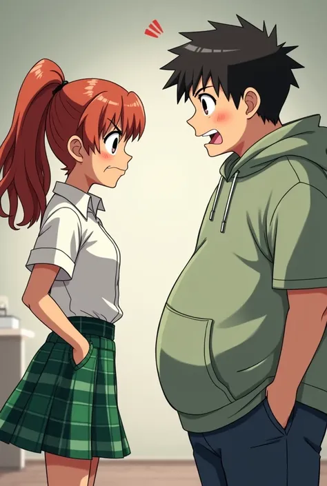 Anime Girl in a Green Plaid skirt and White button up short sleeve shirt getting annoyed at a Fat Boy with a big buty in a hoodie  