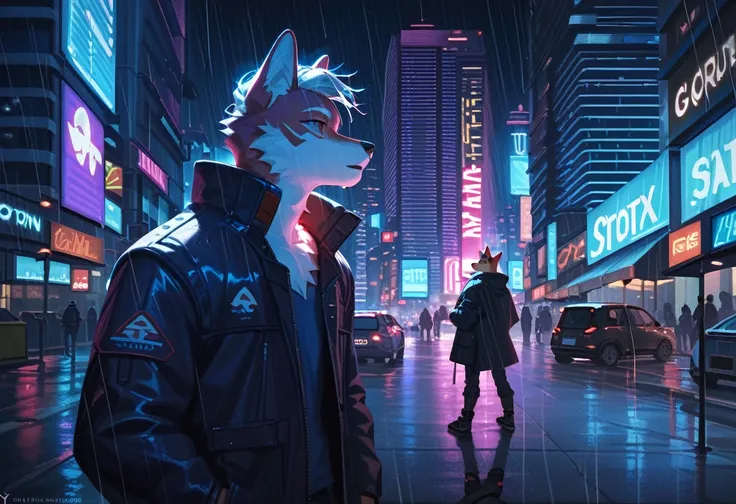 Highest quality, High quality illustrations, masterpiece, Ultra-high resolution, Detailed Background, night, Absurd, Perfect Anatomy, Good lighting, Shadows in the movies(, Furry), An anthropomorphic fox boy in a black long coat in cyberpunk city, neon atm...