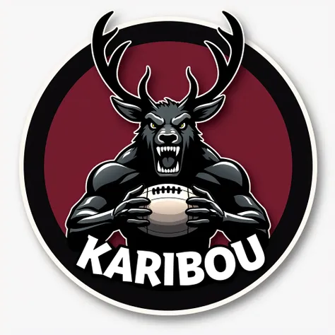  Le logo est un rond bordeaux entouré de noir. A lintérieur il y a un dessin dune tete de Karibou énervé de couleur noire suavec un ballon de foot dans les bras. Il est ecrit "KARIBOU"