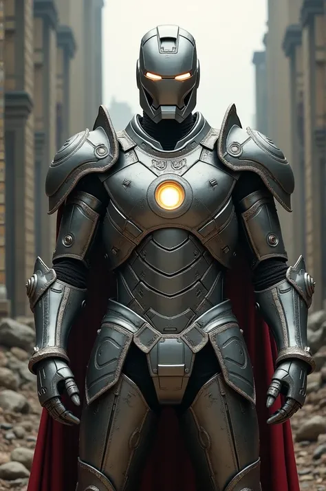 "Generate a high-resolution, realistic image of Iron Man reimagined as a medieval knight. The armor should blend futuristic technology with classic knightly design, featuring intricate details and a glowing arc reactor. The background should depict a drama...