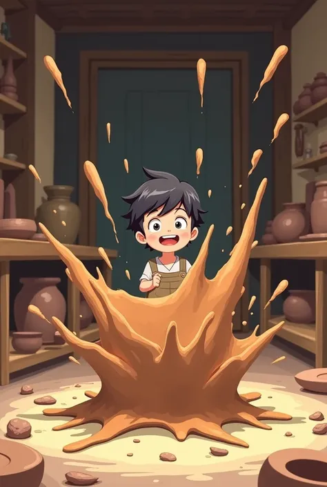 pottery mud bounced from its place and spreaded everywhere infron of the boy with black hair in the pottery workshop. cartoon.