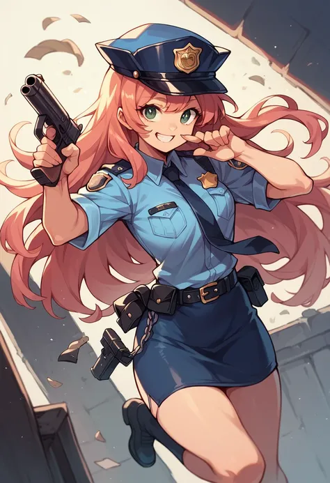 Cute girl, Long hair, skirt, police hat, gun, smile