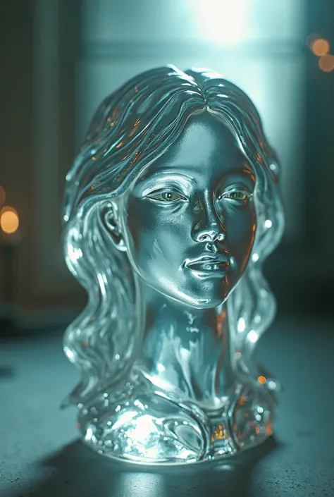 analog photo, glass figurine of female, faceted, transparent, detail face, atmospheric, light refraction, ray tracing