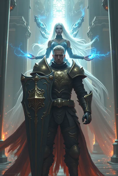 inspired by Final Fantasy style, a handsome man, clear face, wear heavy guardian clothes, poses with huge light shield, eyes pierce ahead , behind him, you can see a beautiful paladin. wear intricately long-closed light dress, is casting a spell, causes au...