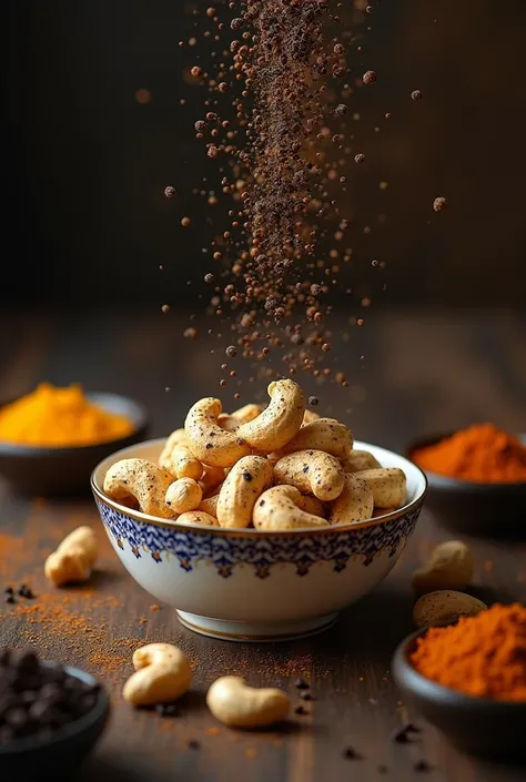 Create an advertisement image featuring light beige cashews nestled in an ornate Queen Victoria Sugar Bone China bowl. The cashews are thoroughly dusted with a mix of fine black sand and freshly ground black pepper, adhering to approximately three-quarters...