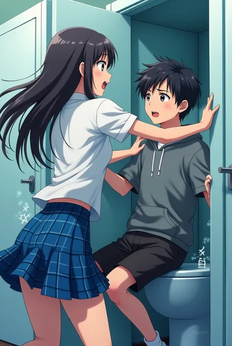 Anime Girl in a Blue Plaid skirt and White button up short sleeve shirt shoving a Boy in a hoodie into a toilet 