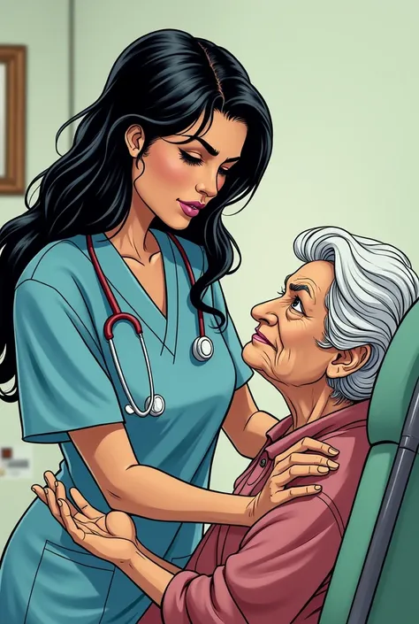 A hospice nurse name Ashley gomez with long black hair giving medicine to a stubborn old lady with white hair comic