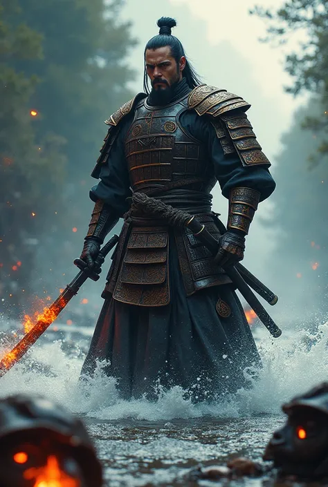 samurai man, carrying a black sword that emits black fire, full custom, location in a river  and corpses, heads scattered
(Artwork:1.2), (illustration:1.2), (very detailed), (fine detail), (cinematic light), big high contrast, best lighting, colorful