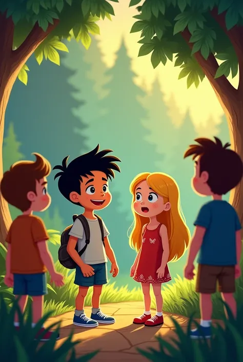 make a cartoon picture portraying this scene(same people)the boy has black hair and same with the girl but she has blonde hair:
One evening, Leo brags to Mia and their friends about his bravery. "I’ll find the gem and prove that the forest is nothing but s...