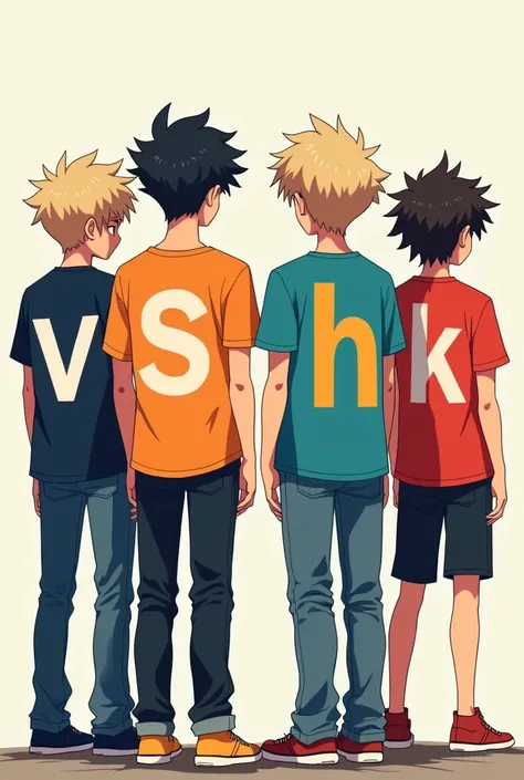 the four anime-style boys standing with their backs to the camera, now wearing t-shirts with the letters arranged as:Boy 1 in a red t-shirt with "V"Boy 2 in a blue t-shirt with "S"Boy 3 in a green t-shirt with "H"Boy 4 in a yellow t-shirt with "K" 