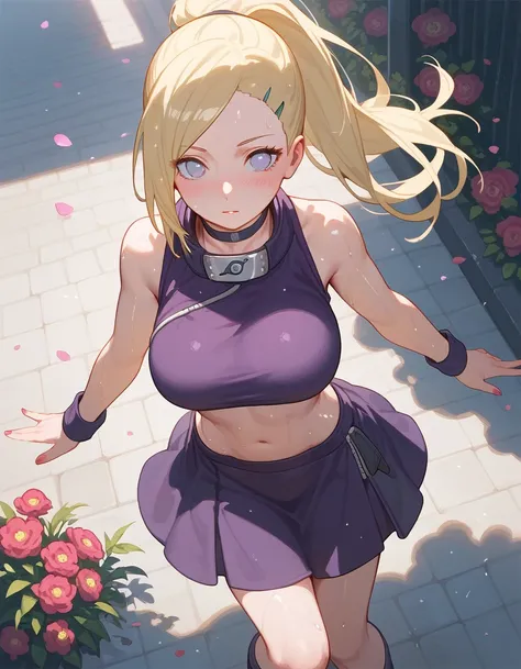 (from above), score_9_up,score_8_up, (ino yamanaka), (naruto), 1girl, solo, blonde hair, long hair, looking at viewer, big breast, flowers, street, (pose), hand, choker, (stomach), pose, ((blush)), ((sweaty)), medium skirt, ponytail, bare shoulders, violet...