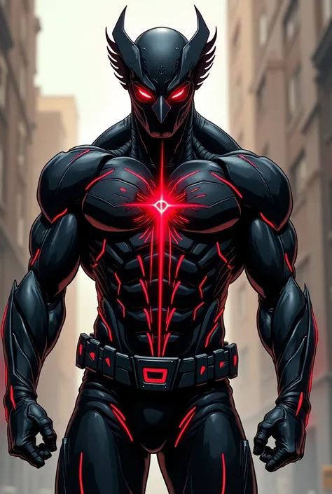 (Panorama) In a serious comic book style. The whole look of a super hero from head to toe IronRaven in a dynamic pose, His suit is a living organism, stworzony z połączenia nanotechnologii, bioinżynierii i DNA kruka. His black, the streamlined shape adapts...