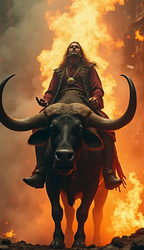 A fantasy scene of an American man with bull horns, fantasy art riding a bull, the bull blowing fire from its nose, dramatic lighting, intricate details, cinematic composition, vivid colors, (best quality,8k,highres,masterpiece:1.2),ultra-detailed,(realist...