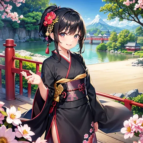 (Best Quality),One Girl,Very smiling、Small breasts、Short ponytail black hair、Kimono with floral pattern、Small ribbon、A Japanese-style bridge with a view of a Japanese castle,(Very detailed),(Perfect anatomy)