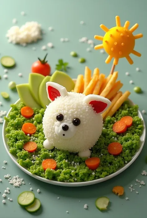 Plate of green salad as if it were grass with the snowball from the movie Pets made of rice and with olive eyes and ears made of curd cheese, mini carrots next to it, and a sun made of French fries,  