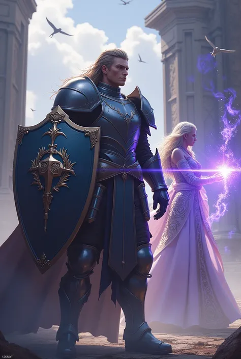 inspired by Final Fantasy style, a handsome man, clear face, wear heavy guardian clothes, alert poses with huge light shield, eyes pierce ahead , behind him, you can see a beautiful paladin. wear intricately long-closed light dress, is casting a spell, cau...