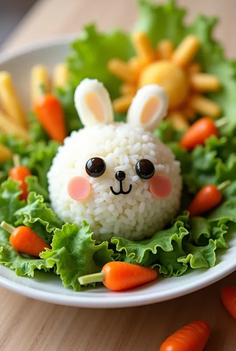 Plate of green salad as if it were grass with the snowball from the movie Pets made of rice and with olive eyes and ears made of curd cheese, mini carrots next to it, and a sun made of French fries, realistic image
 