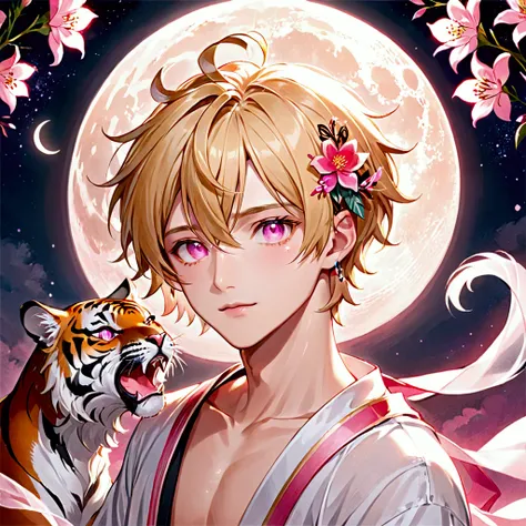 Handsome beautiful boy, High resolution, short hair, blonde hair, masterpiece, best quality, detail, Tempting, Pink gradient colored eyes, Eyes have light spots, ribbon, love hairpin, transparent gauze, flower, Audai, 一隻三flower貓, moon, Tiger Teeth