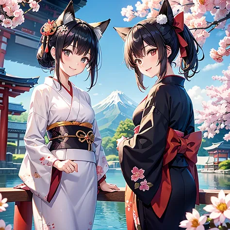 (Best Quality),Two fox-eared girls,Very smiling、Small breasts、Short ponytail black hair、Kimono with floral pattern、Small ribbon、A Japanese-style bridge with a view of a Japanese shrine,blue sky、(Very detailed),(Perfect anatomy)