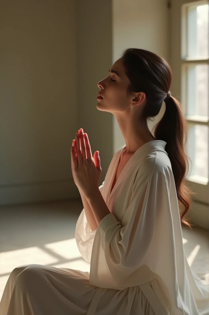 A beautiful woman sitting in prayer, praying, smooth clear image, cinematic view,