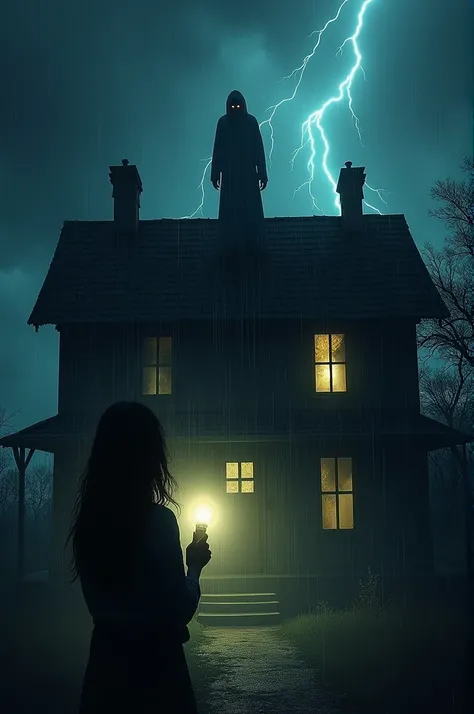 "Create an eerie and suspenseful YouTube thumbnail titled छत पर छुपा साया. The scene should depict a dimly lit, old ancestral house during a rainy night. Focus on the roof of the house, where a shadowy, mysterious figure is faintly visible in the backgroun...