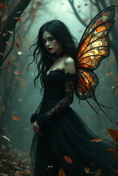 A dark fairy with stained glass wings a dark raven hair weird looking face but pretty to with death leaves dress and dark make up 