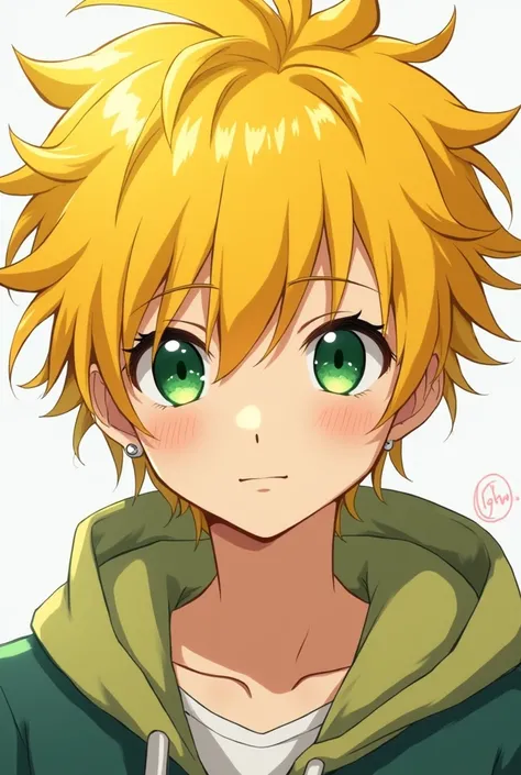 Anime boy with bright yellow hair and dark green eyes with background 