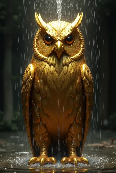 Water falls on the head of the golden owl idol, dark background 