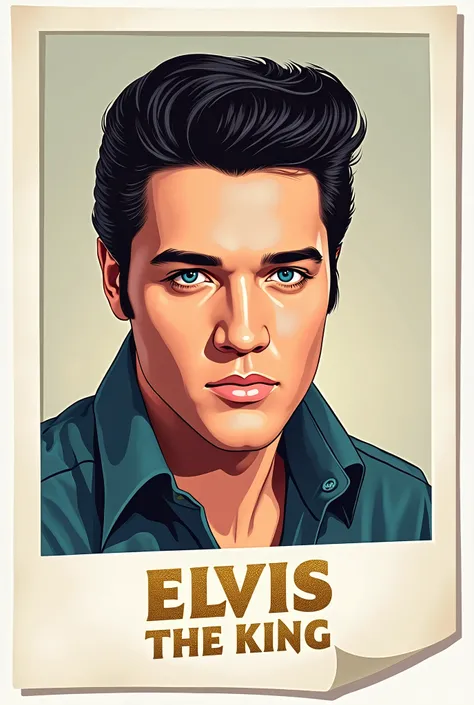 make a picture of Elvis in real life and display it as a photo with a frame like a Polaroid picture.
as a cartoon please white in the background and a lettering below in the white area " Elvis the King" in a golden metallic look
