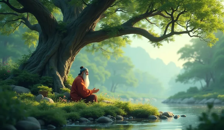 In 3D animation style "Encounter with the Old Sage, In a dense forest, Chinese farmer meets an old sage with a long white beard, sits under a large tree, riverside, in Chinese style",