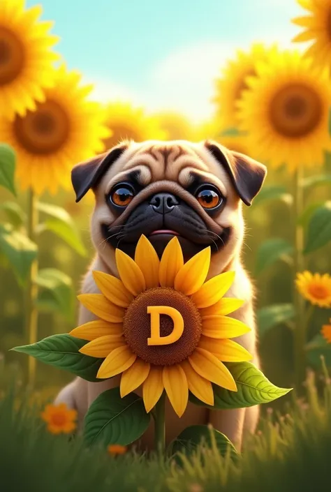 A pug dog smiling in a field of sunflowers, that carries in its trunk biting a sunflower horizontally,  in the center of the sunflower that has the text D capitalized that works with the sunflower, in the lamp below the.image a text does not need to go to ...