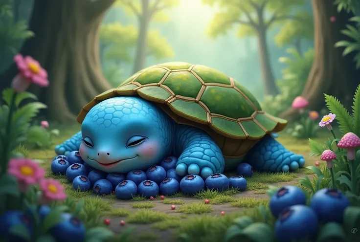 Blue turtle with green shell in a forest sleeping with mouth full of blueberries