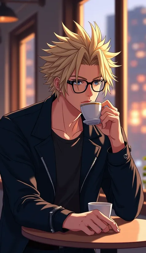 An anime-style illustration of a handsome man reminiscent of Cloud from Final Fantasy, but with a unique twist—he’s wearing sleek, stylish glasses. His spiky blonde hair is slightly tousled, contrasting with the cozy, warm lighting of a modern café in the ...