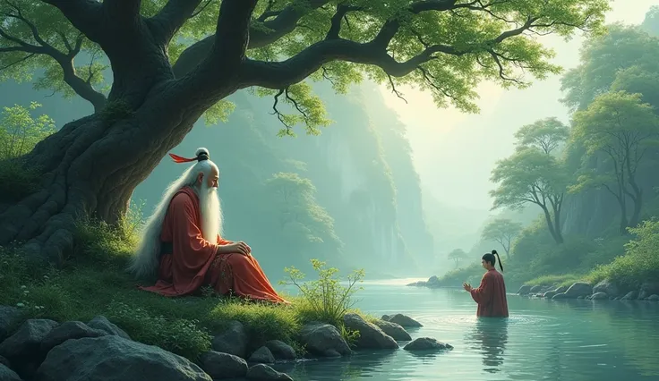 "Encounter with the Old Sage, In a dense forest, Chinese farmer meets an old sage with a long white beard, sits under a large tree, riverside, in Chinese style"