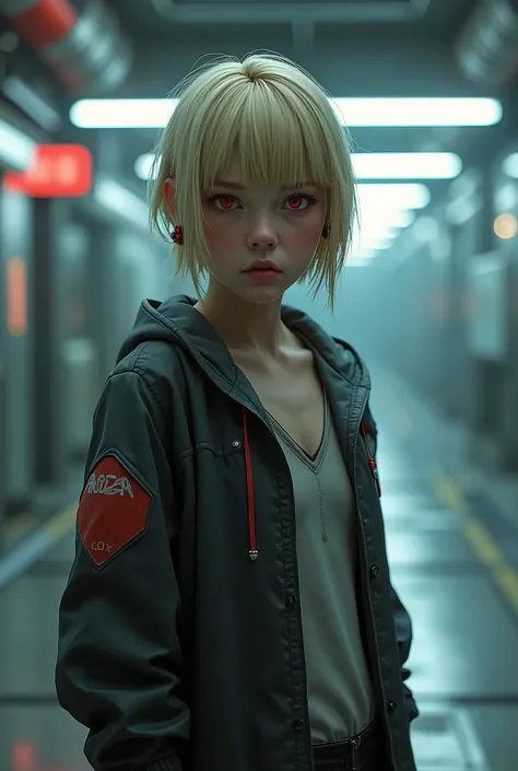 1girl, High Resolution, Short Hair, Red Eyes, Angry, 35mm, Ultra-Wide Angle, Realism, Unreal Engine, Solo, Ribbon, Blonde Hair, Futuristic, Sci-fi