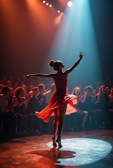 A dancer is dancing on stage right and on stage left, the audience is applauding
