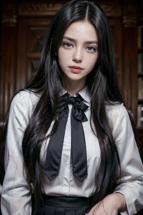 (Europeのgirl)、Bright dark blue eyes、Sharp Eye、Thin Nose、Beautiful Face, 1 female、Beautiful girl、Teenager、(girl:1.2)、(Black Hair、Straight Long Hair:1.2)、Europe、nsfw、(Sexy School Uniform:1.3)