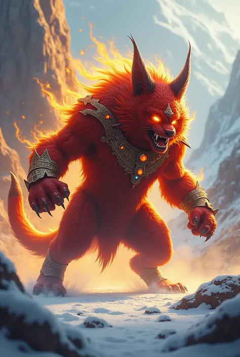 Red mountain lynx, 3 tails, hairy, yellow flame around him , long nails, with long spikes and horns around head, royal neckless, seddle, royal forehead and legs jewellery, standing ready to fight , snow storm around, mountain background, angry face