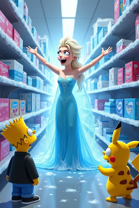 Elsa appears using her ice powers to dramatically open the tampon aisle. Homer, Pikachu and Patrick are wide-eyed, impressed with her help.