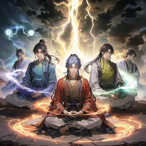 Five ancient men in clothes with tied hair, meditating, thunder and lightning, magic circles of different colors, Han Dynasty of China, perfect details, simple background, blurred background