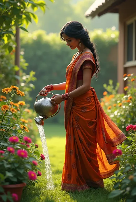 A beautiful Indian girls pouring water for plants