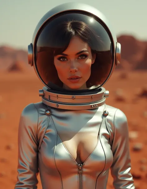 score_9, score_8_up, score_7_up, score_6_up, 60s style photo, retro poster, half body shoot, brunette, 60s hairstyle, tight silver space suit, cleavage, big breast,  ((on Mars, red planet)), looking at viewer, depth of field, bokeh